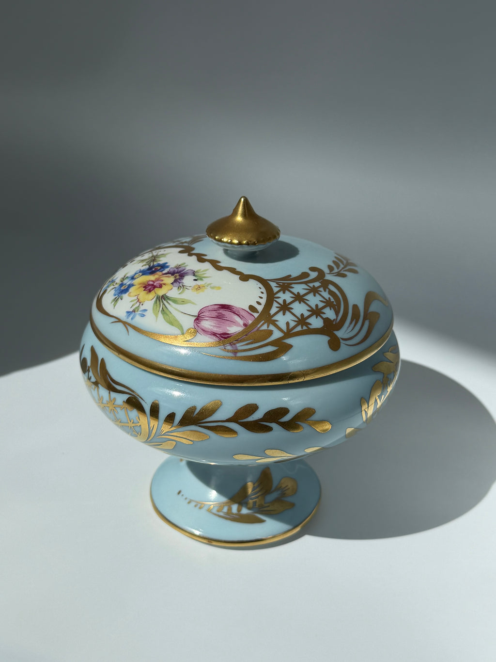 French Limoges Lidded Porcelain Pedestal Bowl, Blue
