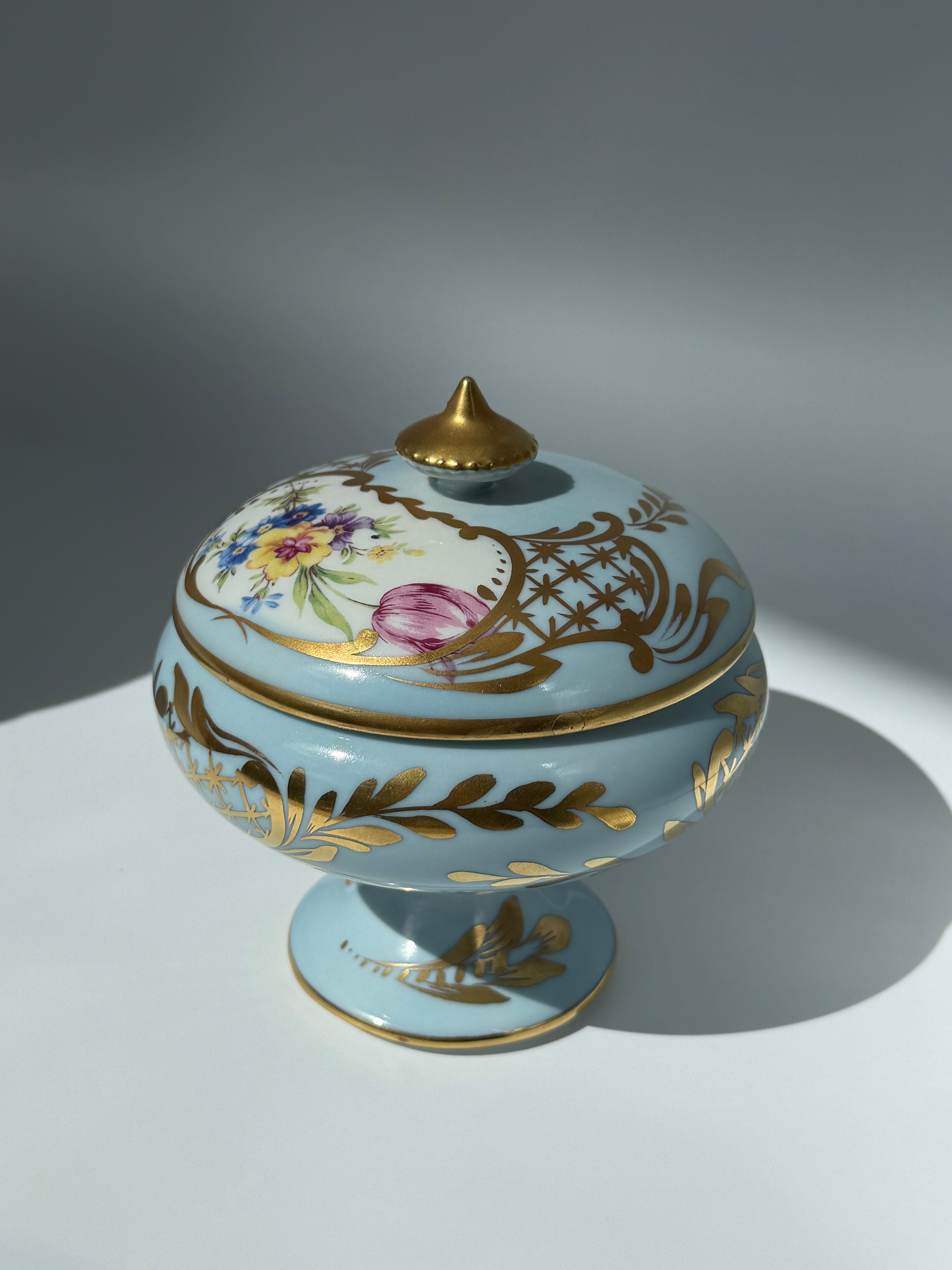 French Limoges Lidded Porcelain Pedestal Bowl, Blue
