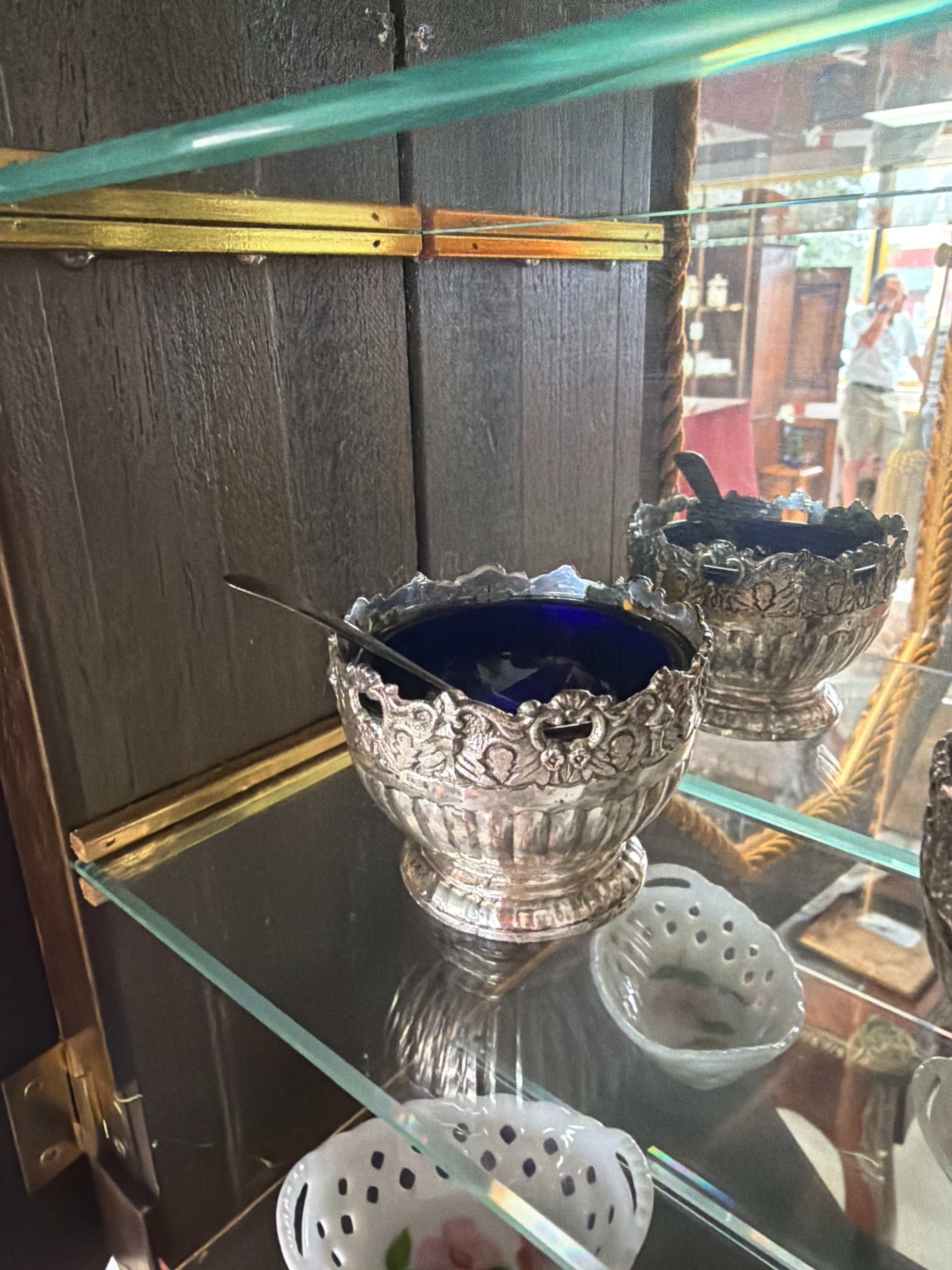 Silver Plate Salt Cellar Cobalt Blue Glass Inserts & Spoons, Set of 4