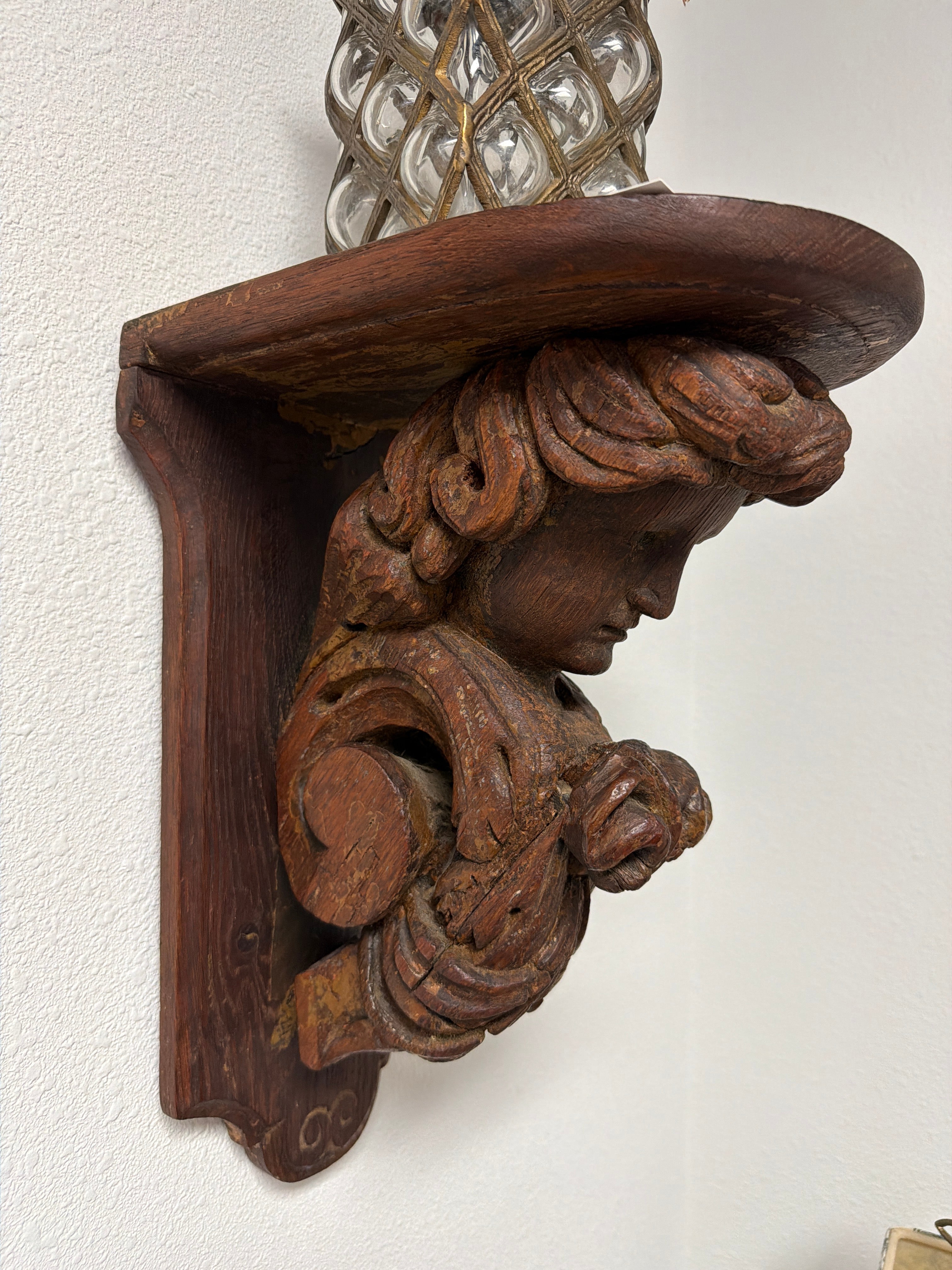 Antique Hand-carved Wooden Wall Shelf Featuring an Angel