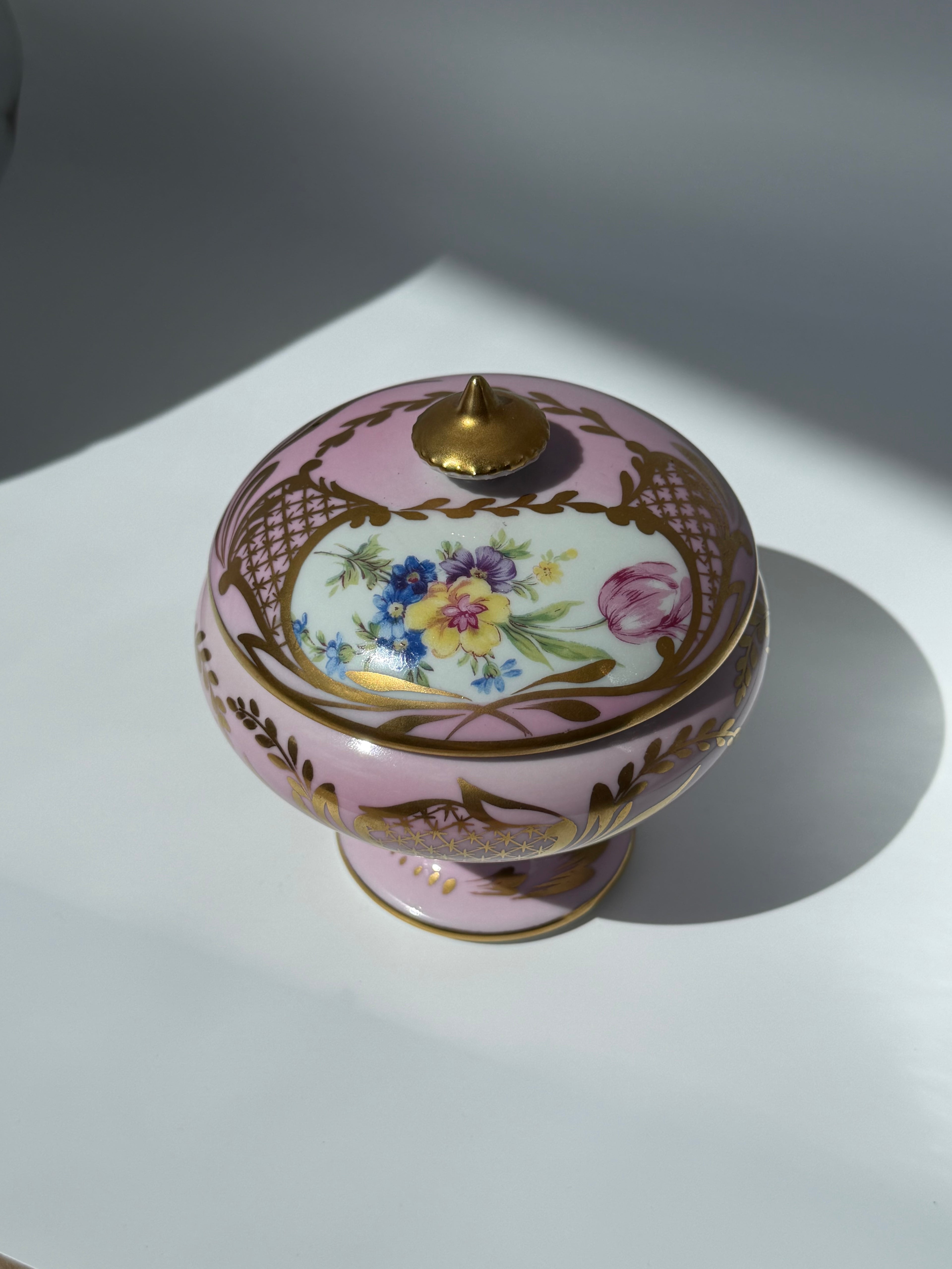 French Limoges Porcelain Lidded Pedestal Bowl, Blush