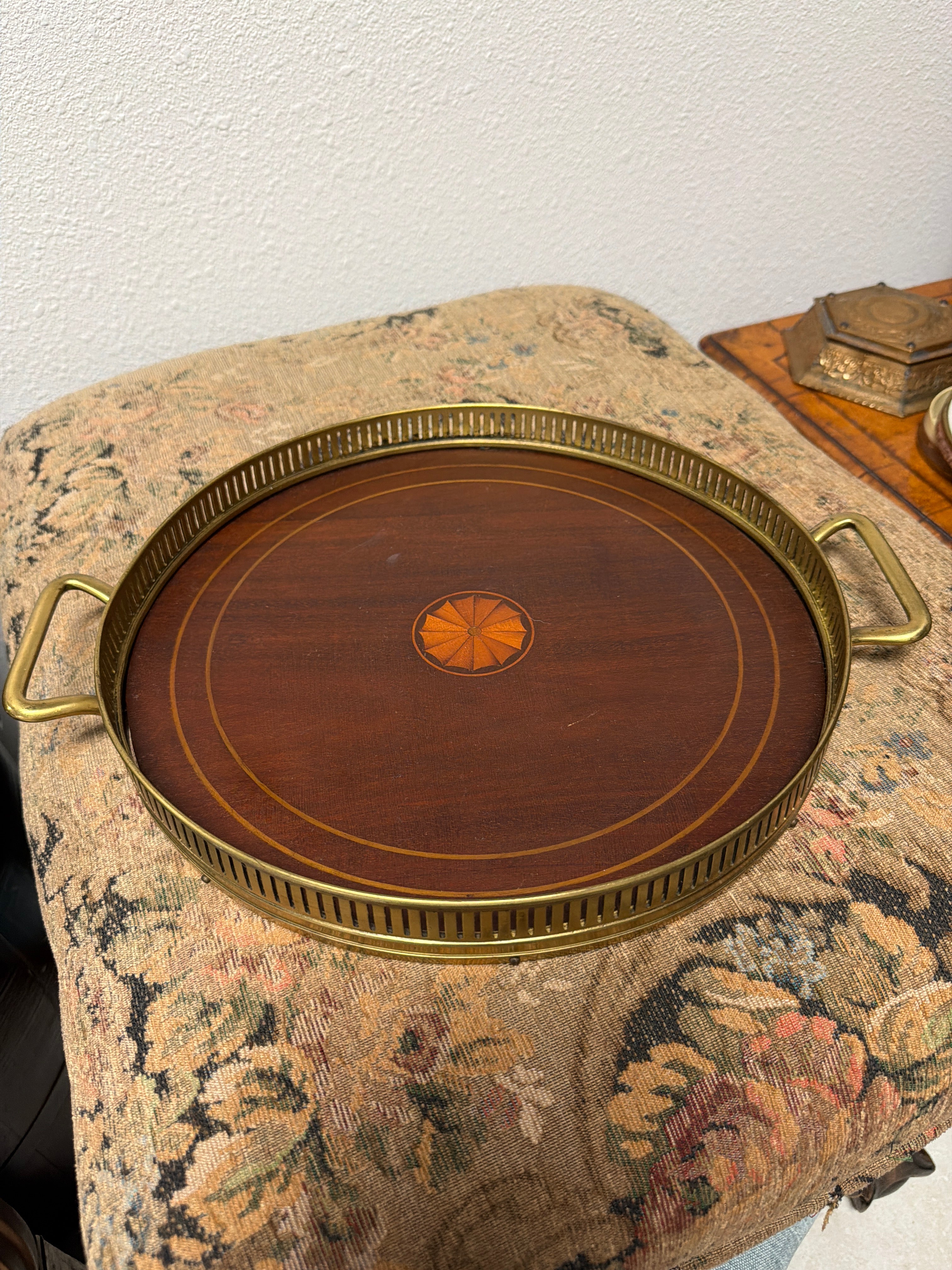 Vintage Brass & Mahogany Marquetry Wood Serving Tray