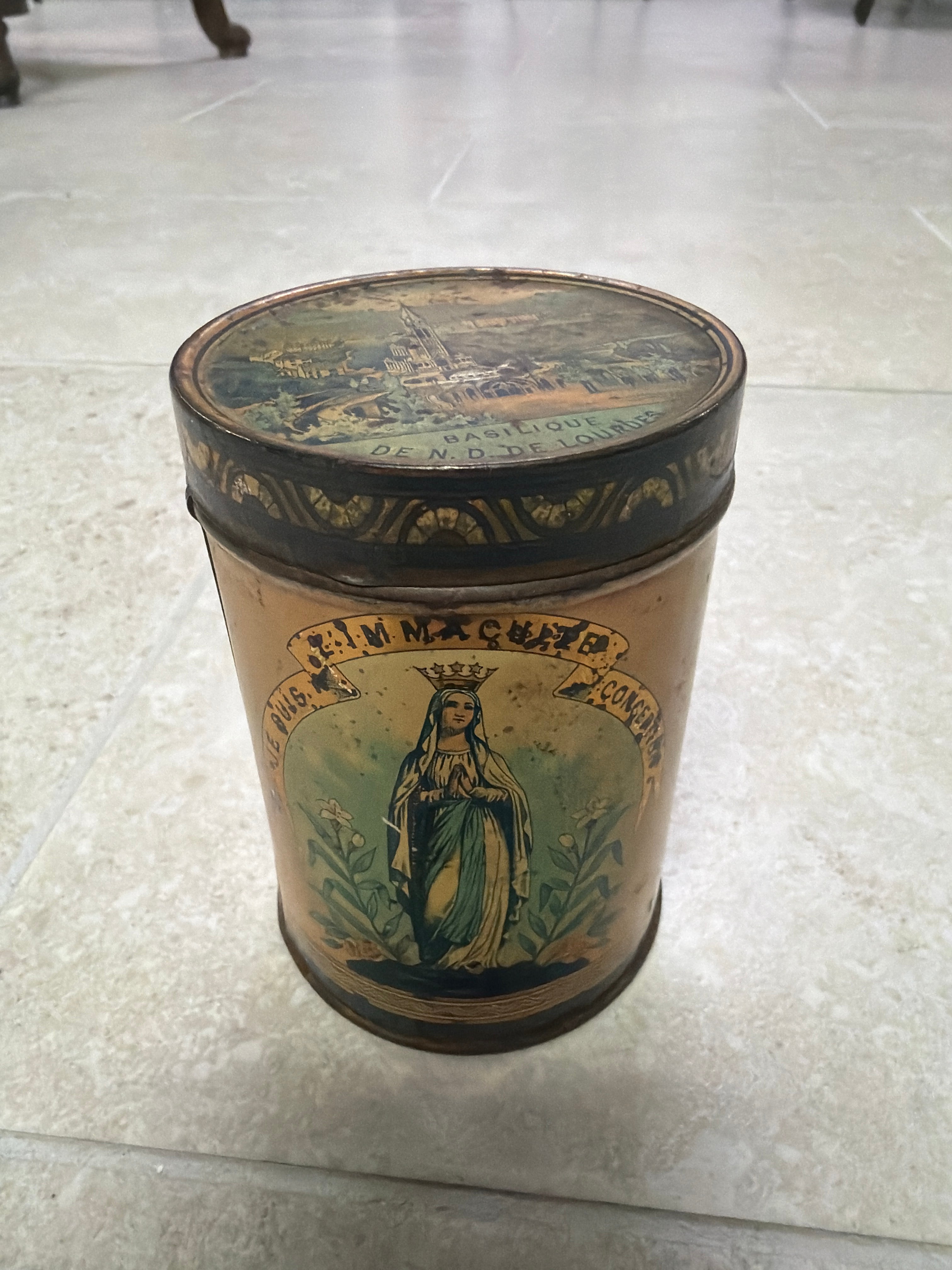 Antique Lourdes Souvenir for Holy Water w/ Glass Insert