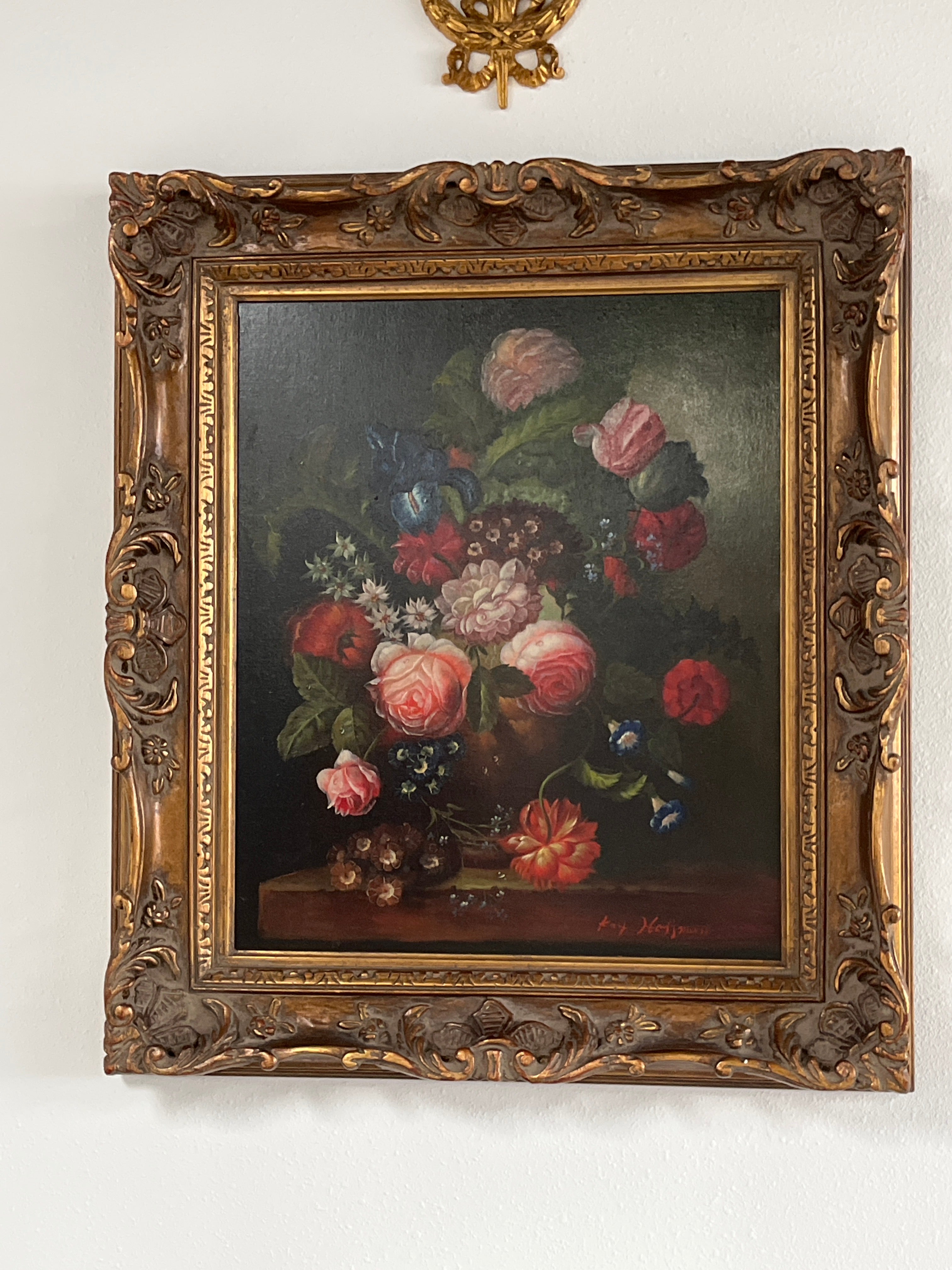Ornate floral still life oil painting signed Kay Hoffman