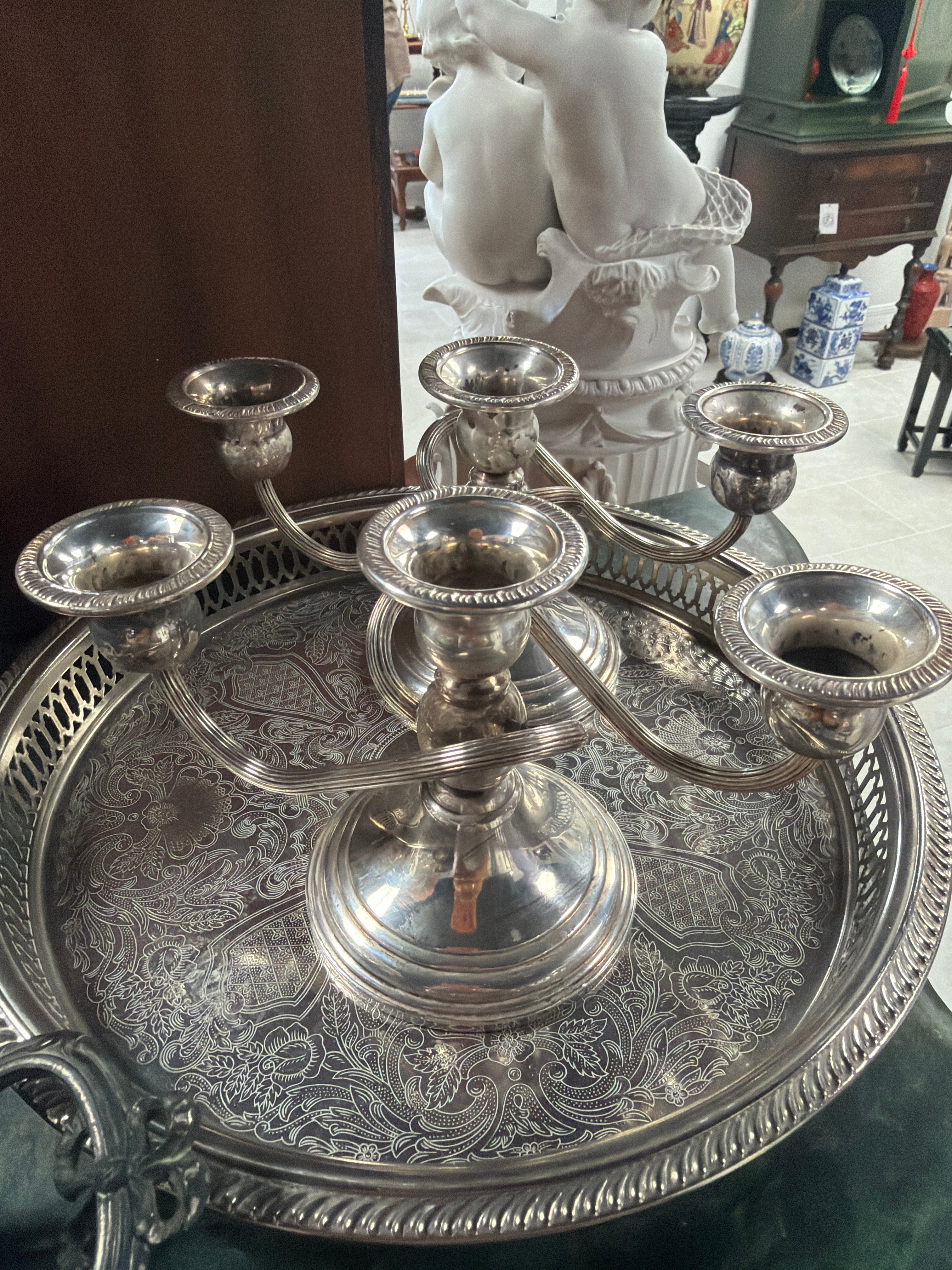 Crown Sterling Silver Three Light Candelabra Pair