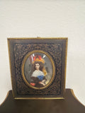 Victorian Hand-painter Portrait in Brass Frame, Feathered Hat & Signed