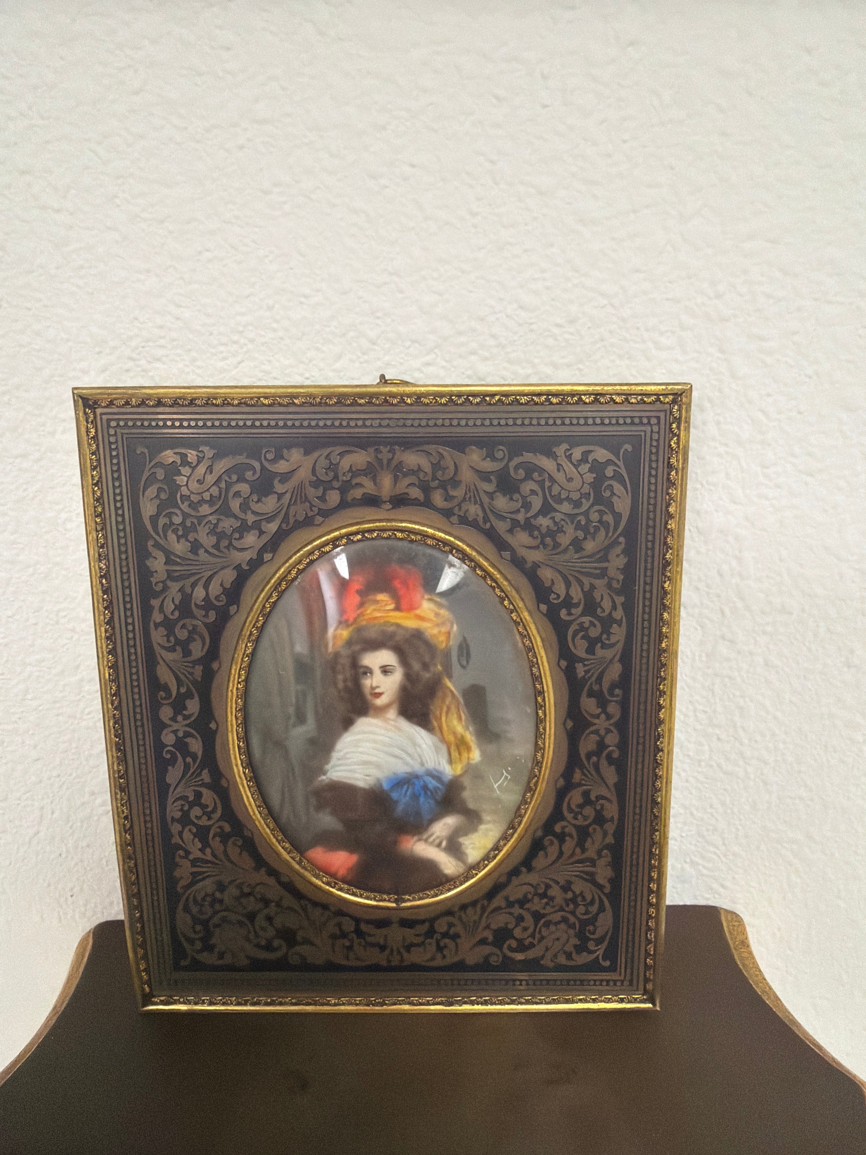 Victorian Hand-painter Portrait in Brass Frame, Feathered Hat & Signed
