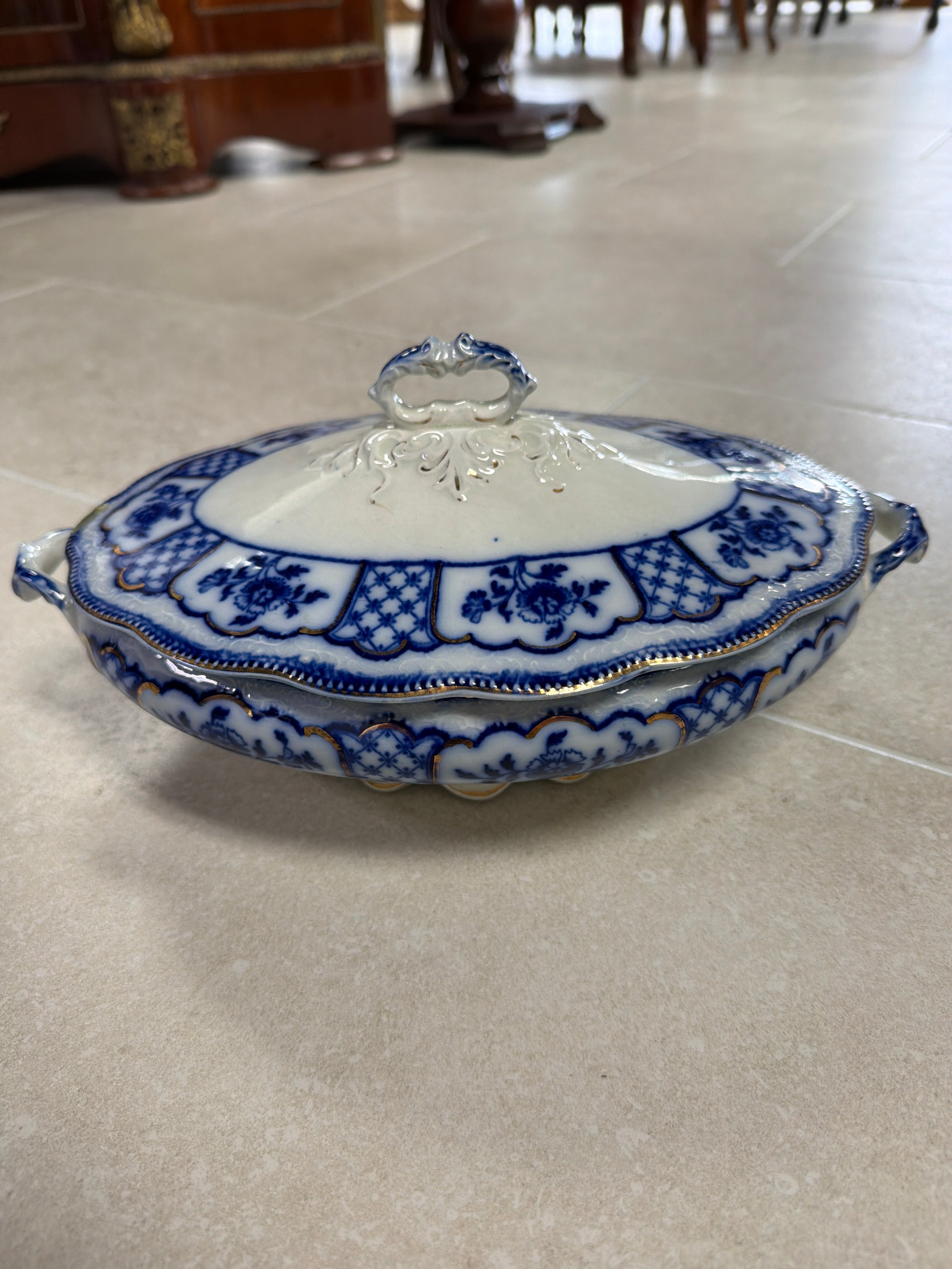 W.H. Grindley & Co. Ltd. Melbourne Pattern Flow Blue Transferware Lidded Oval Serving Dish