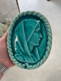 Antique enameled ceramic turquoise Virgin Mary made in France by DSR in the 1940's