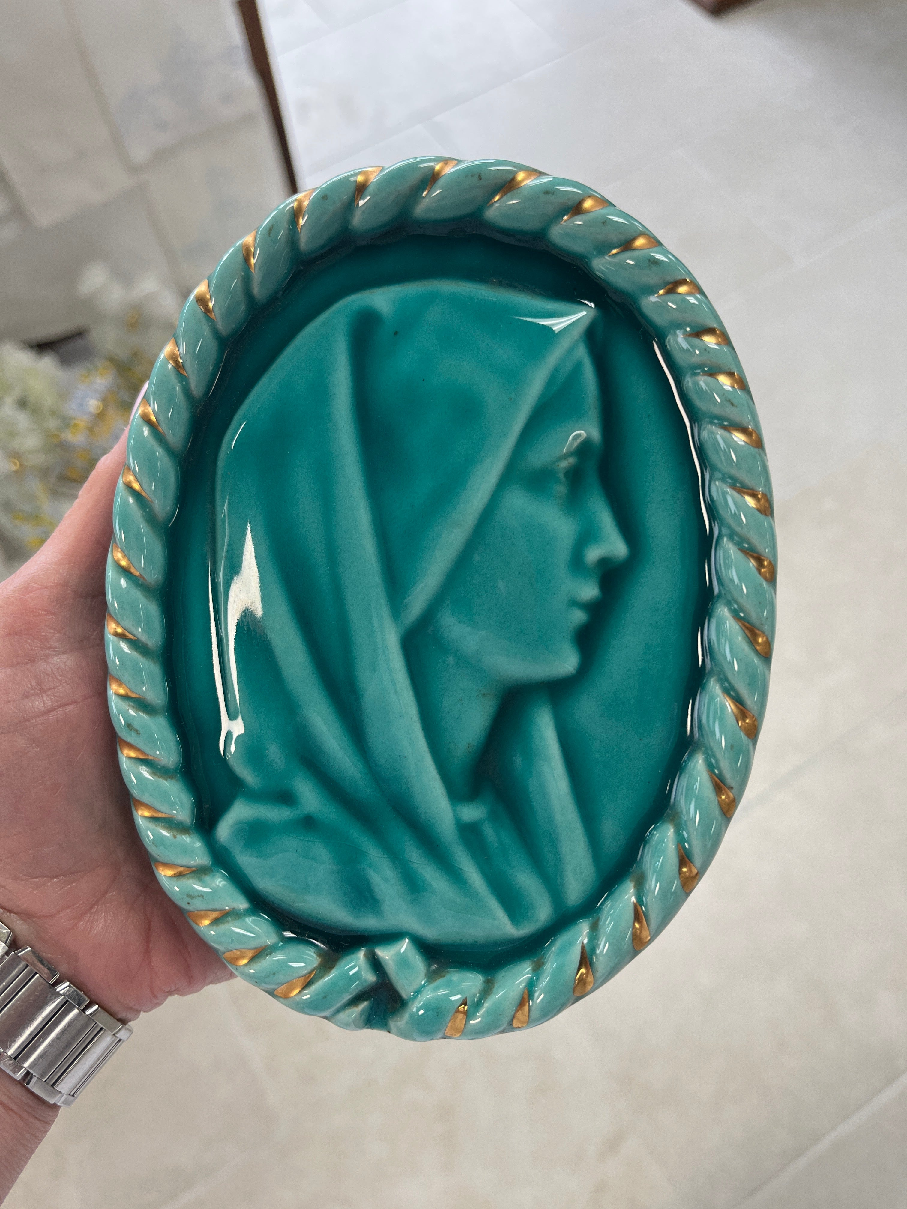 Antique enameled ceramic turquoise Virgin Mary made in France by DSR in the 1940's