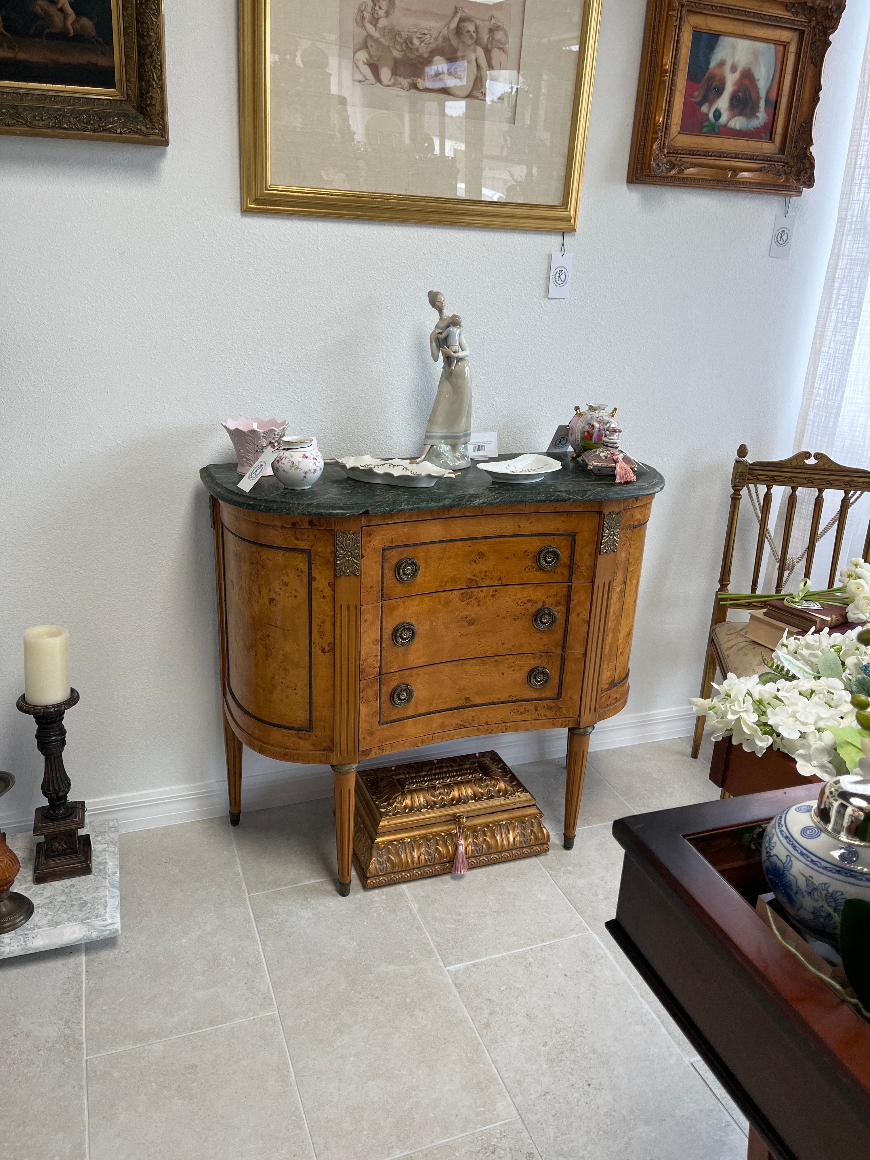 Vintage burl wood commode w/green marble top