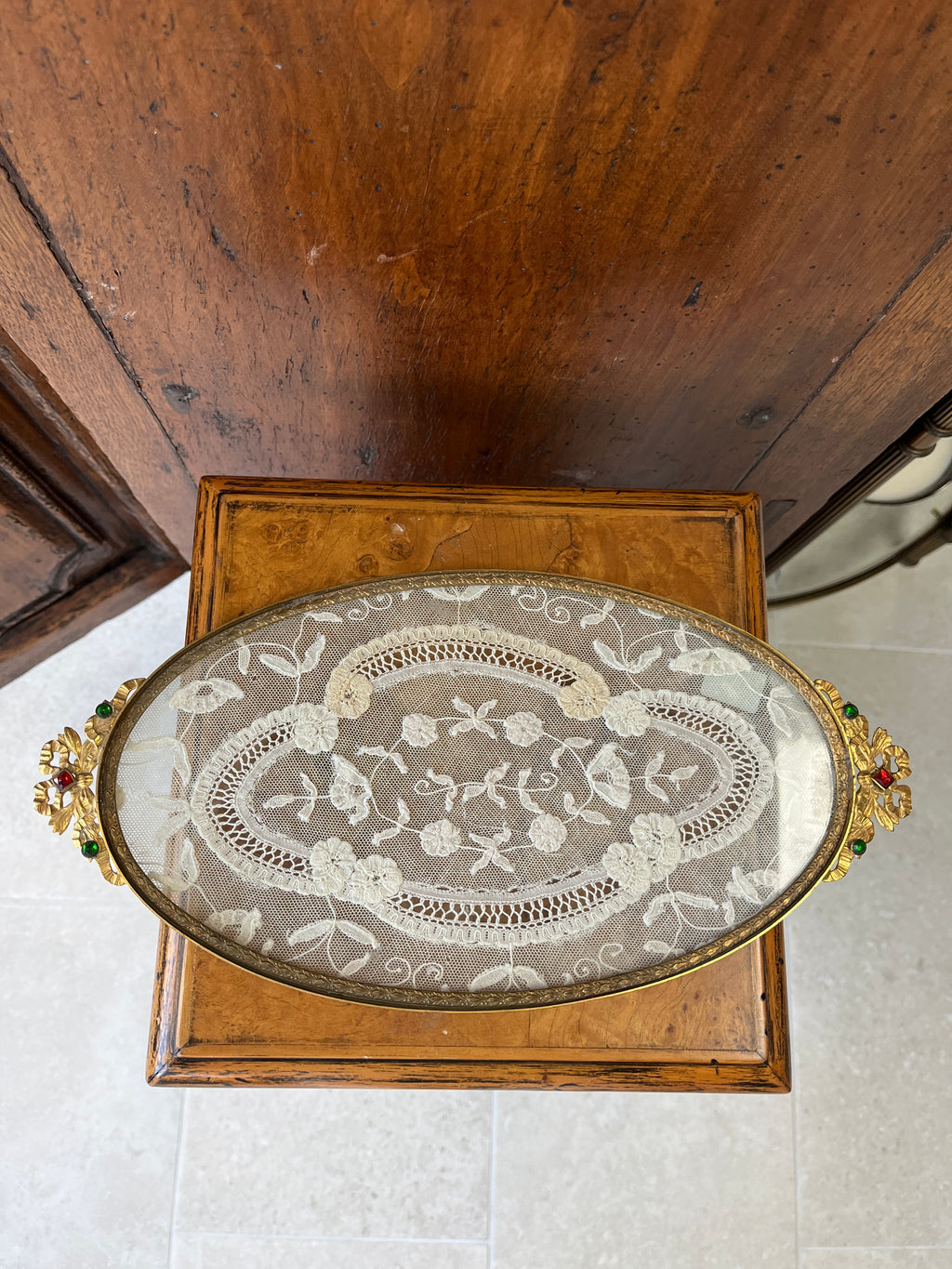 Antique Brass Dresser Tray w/Lace