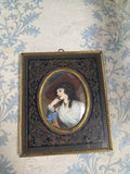 Victorian Hand-painted Portrait in Brass Frame, Red Hat & Signed