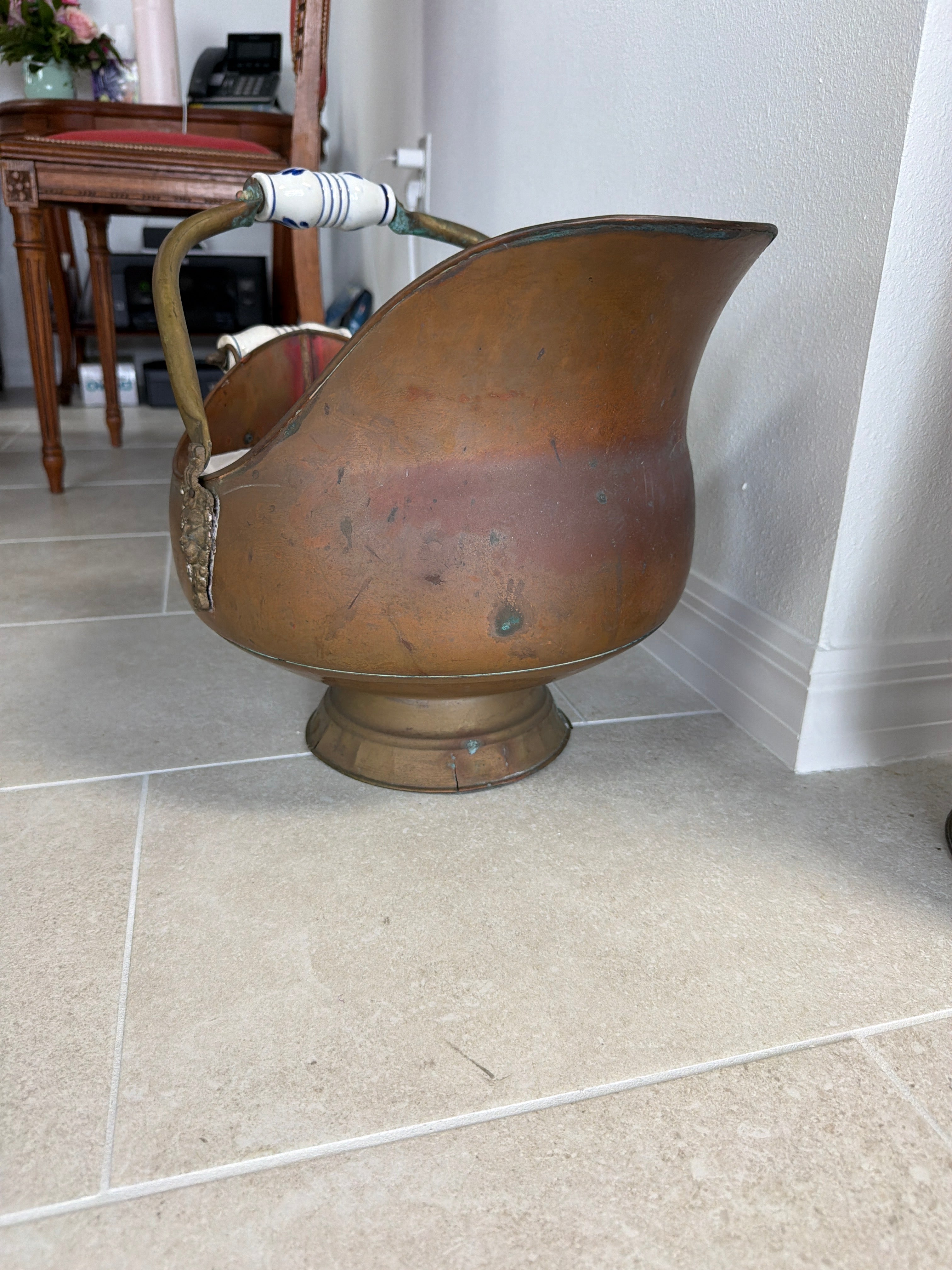 Large Brass & Copper Scuttle with Delft Handles