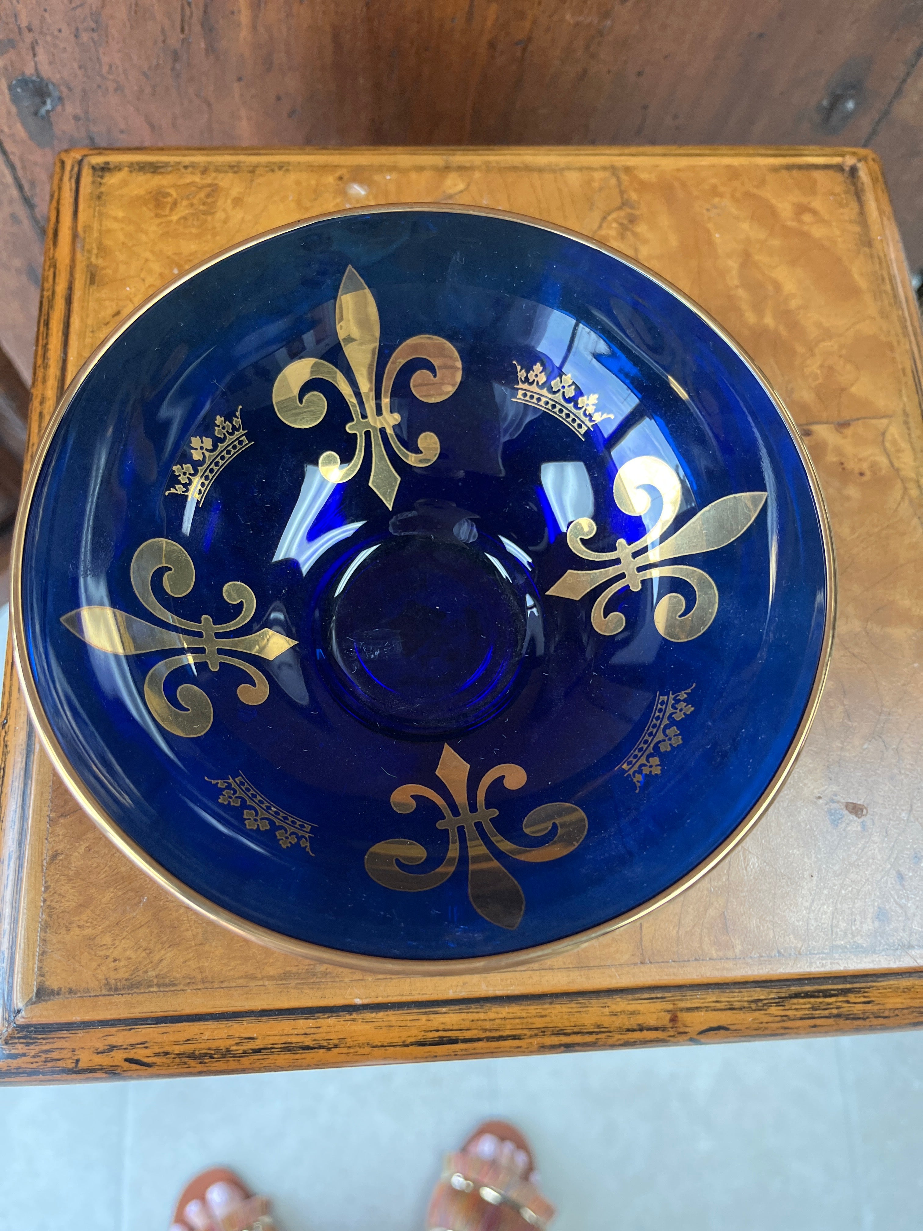 Cobalt blue bowl with gold fleur-de-lis & crown by Rimmington Vian