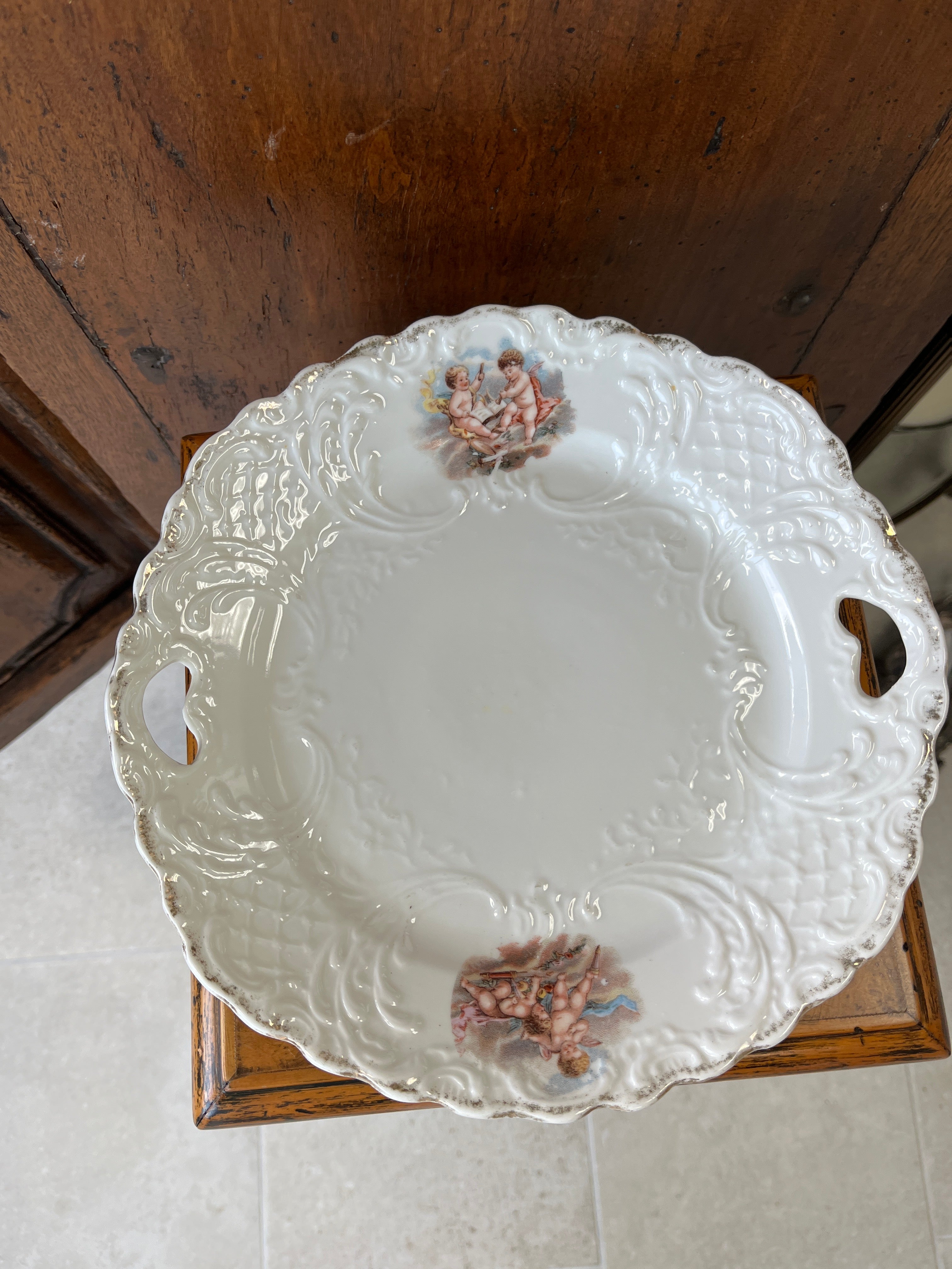 Antique Porcelain Cake Plate w/handles & cherub transfers