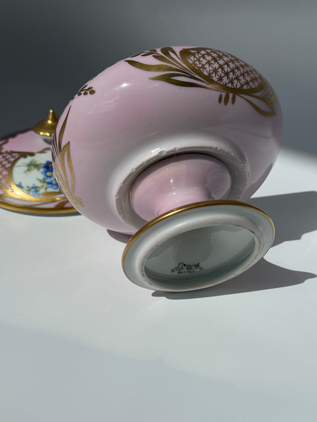 French Limoges Porcelain Lidded Pedestal Bowl, Blush