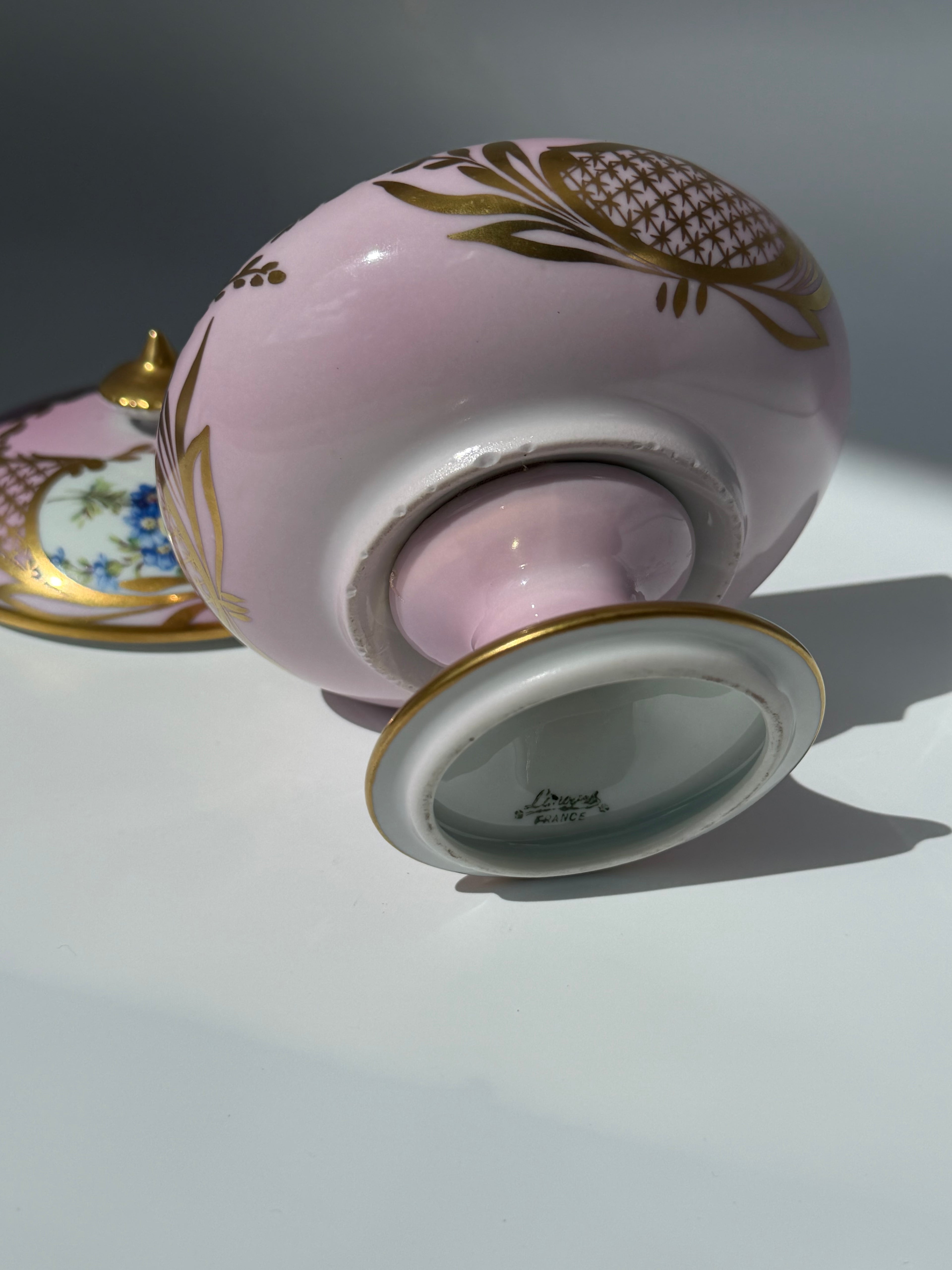 French Limoges Porcelain Lidded Pedestal Bowl, Blush