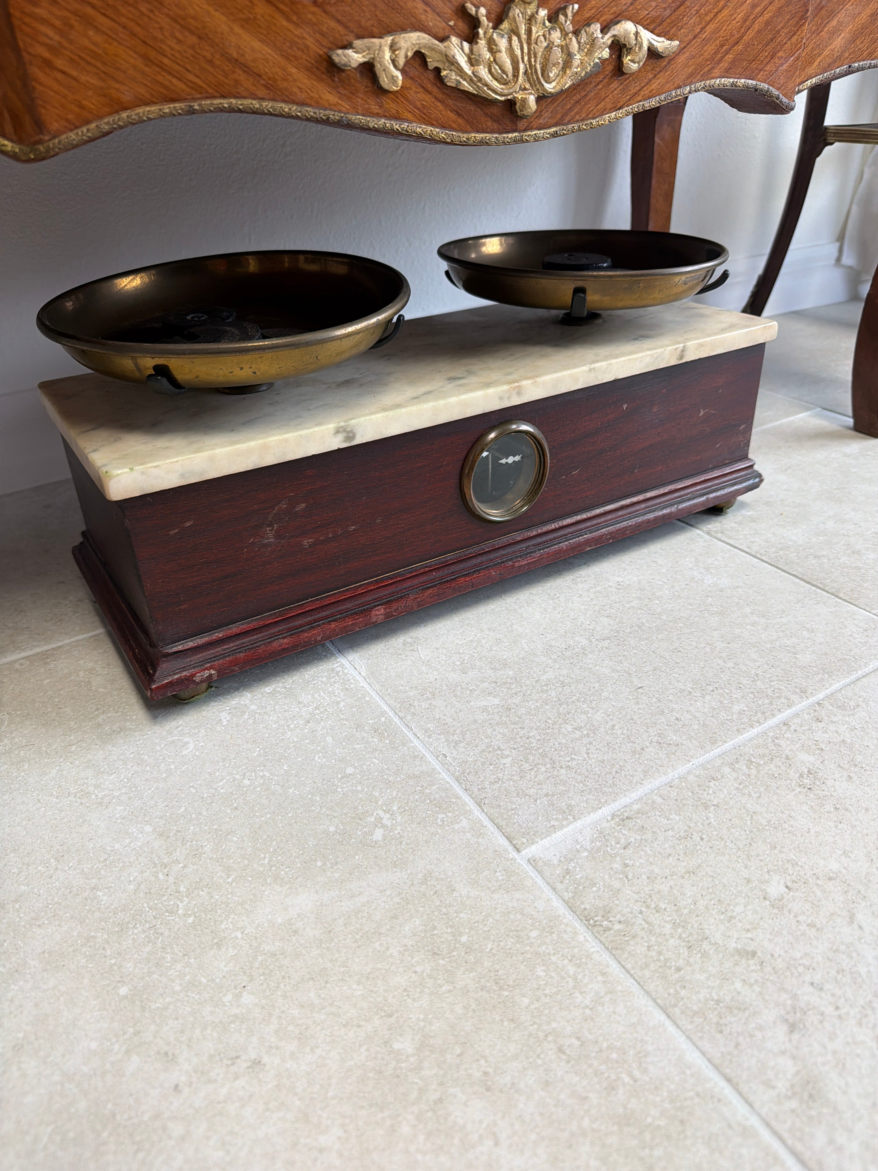Antique Scale with a Marble Top and Brass Pans