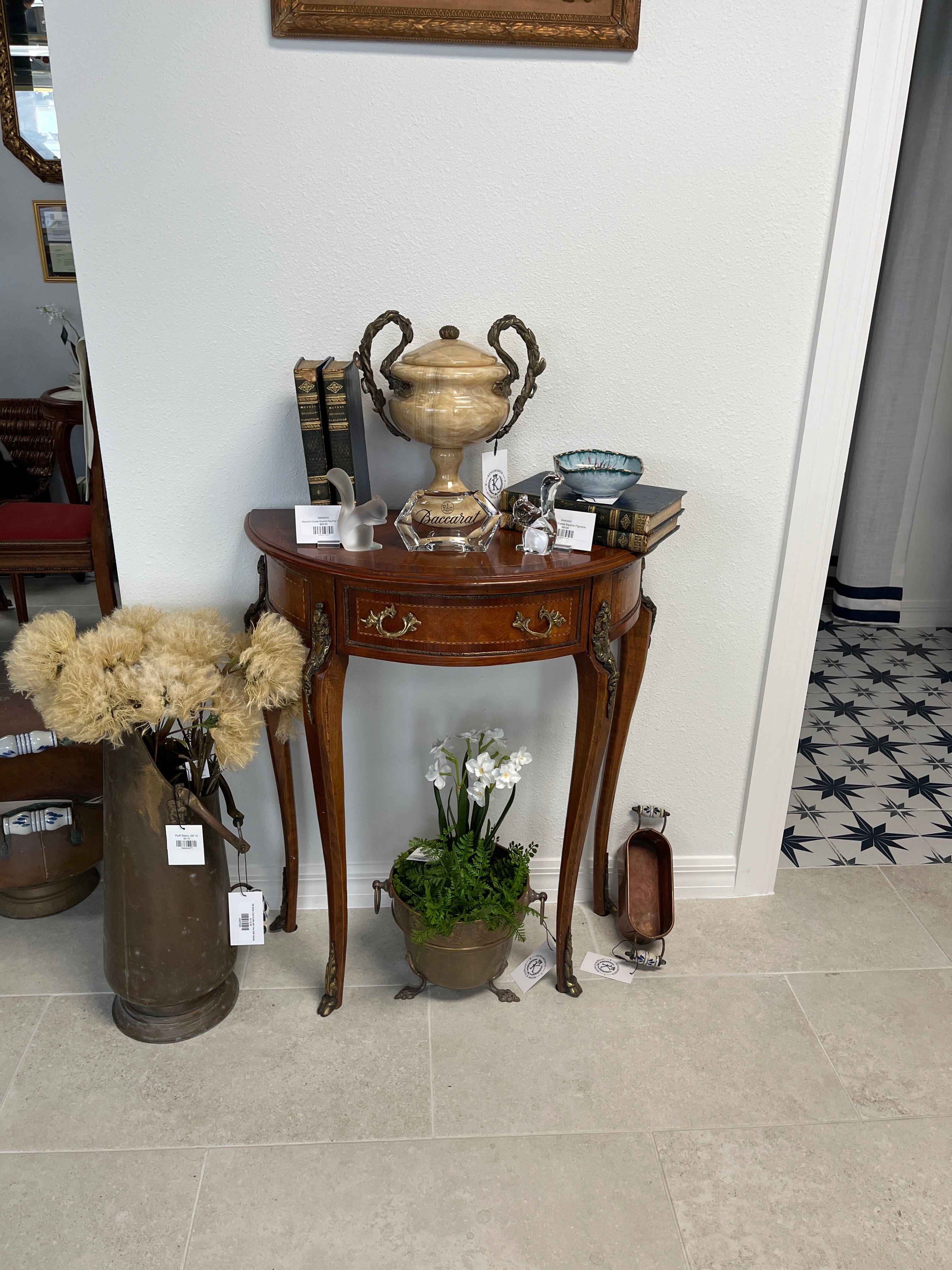A Louis XV style walnut console table, Pair