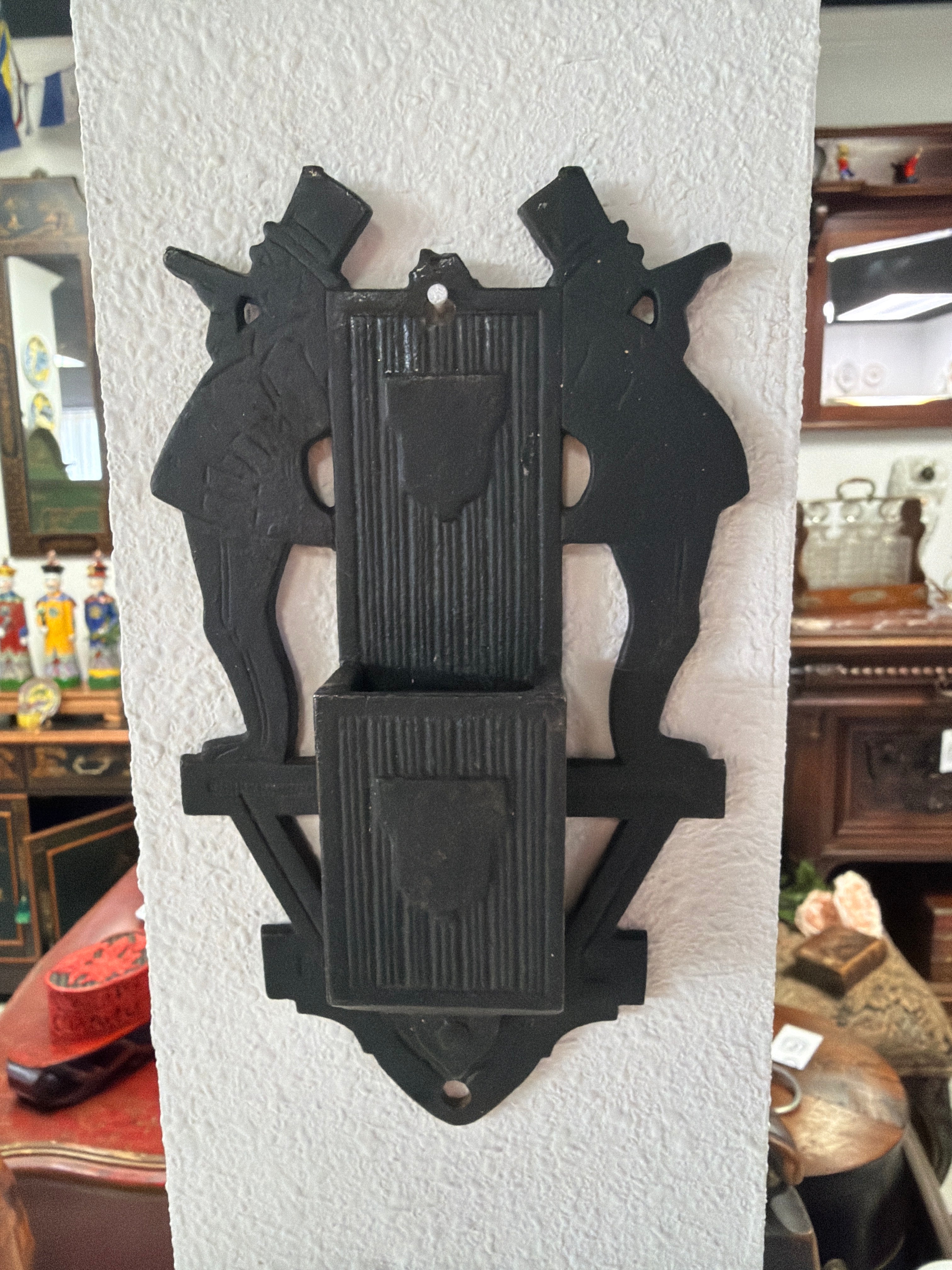 Vintage Cast Iron Matchbox Holder featuring Two Men