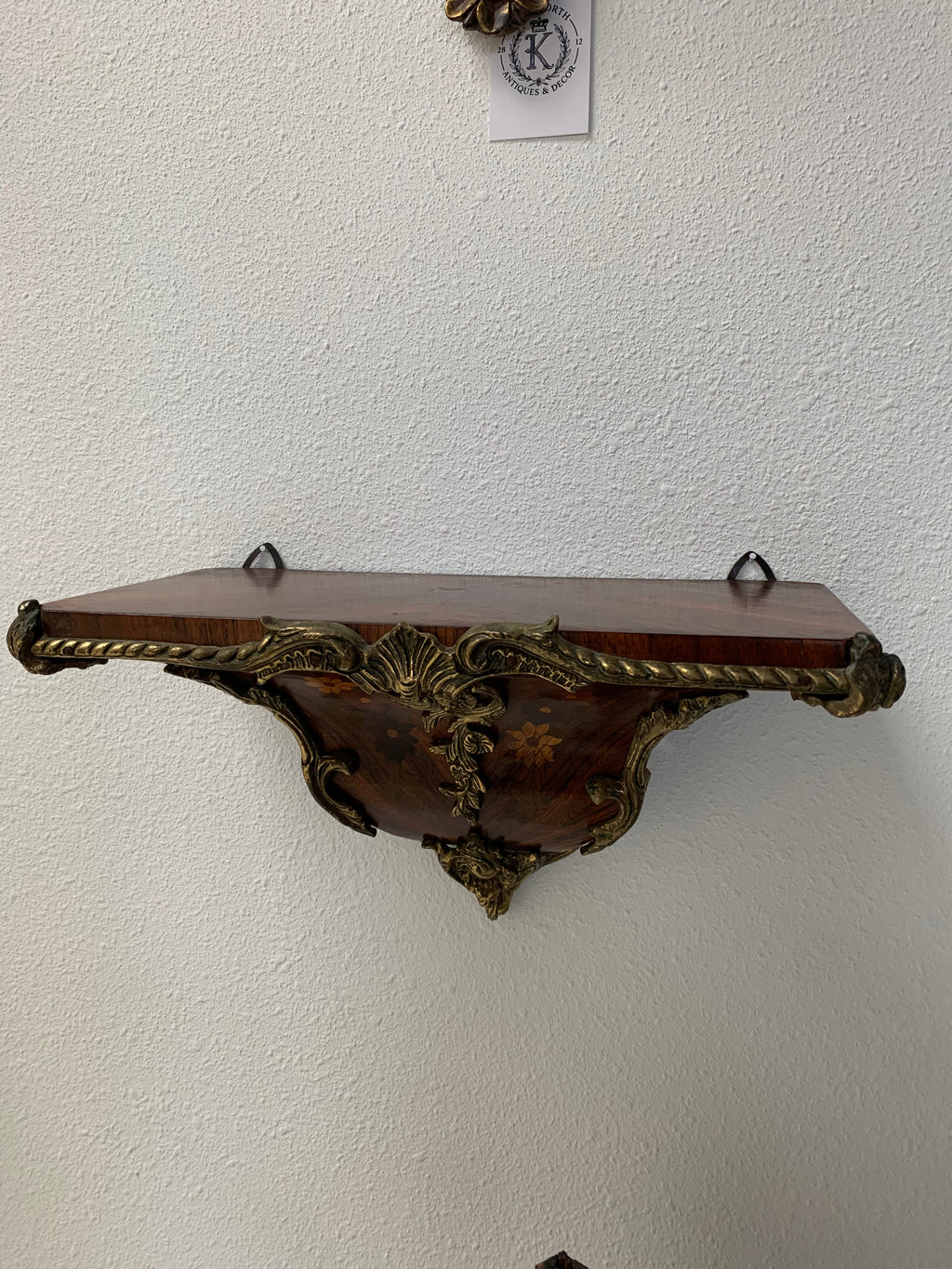 Vintage Louis XV style Boulle marquetry wall shelf w/bronze accents